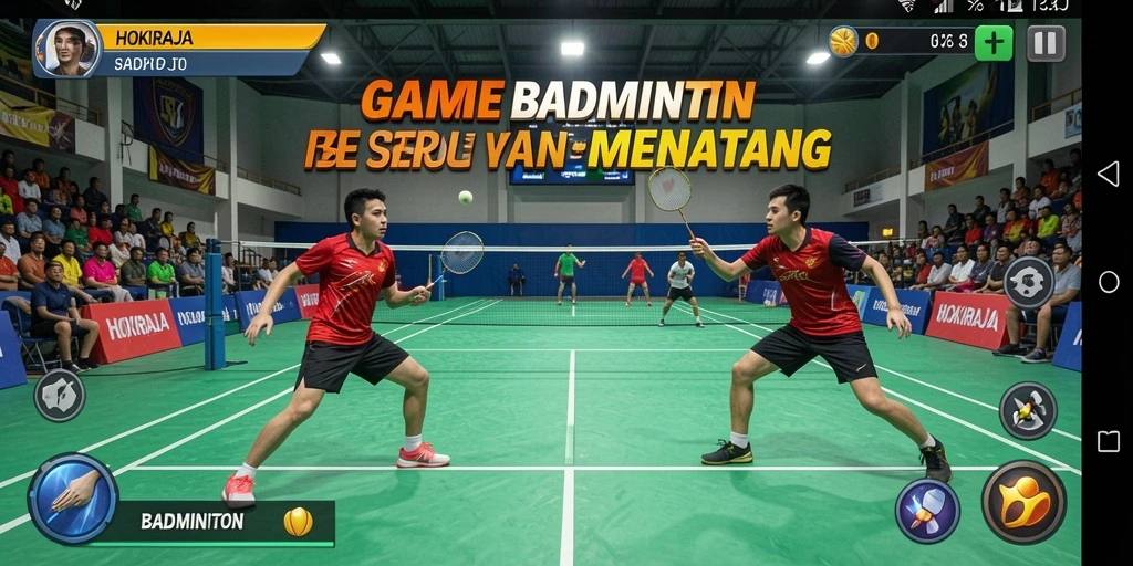 Screenshot antarmuka HOKIRAJA menampilkan permainan badminton yang menarik.