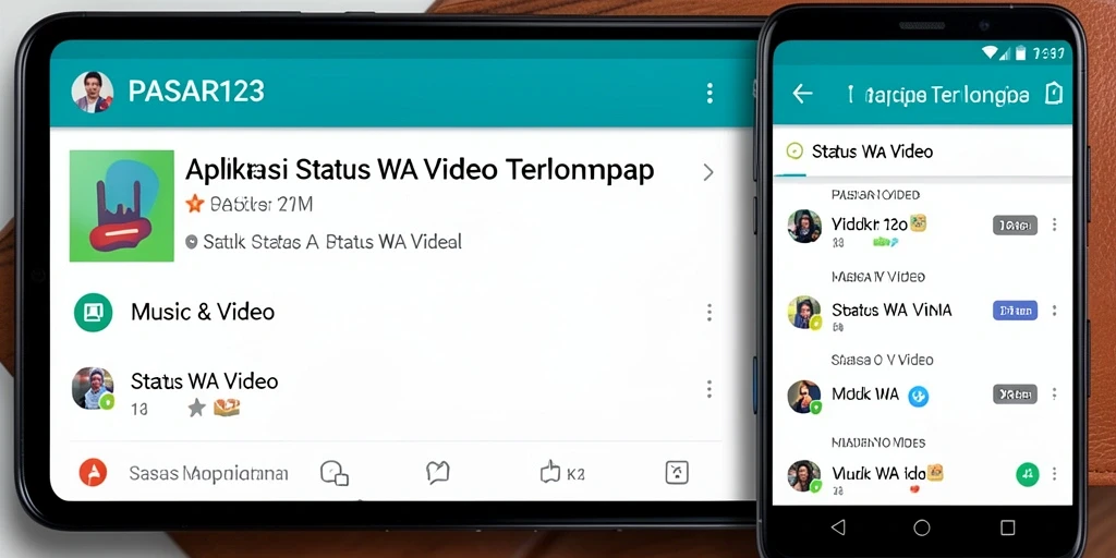 Antarmuka aplikasi PASAR123 menampilkan pilihan video status WA yang beragam.