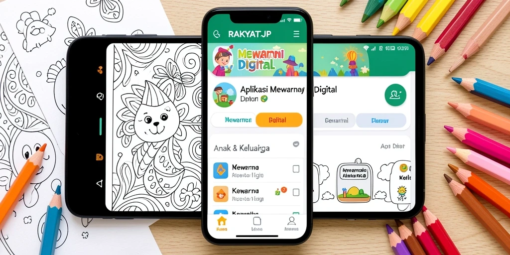 Antarmuka RAKYATJP menampilkan berbagai pilihan gambar dan warna untuk mewarnai.